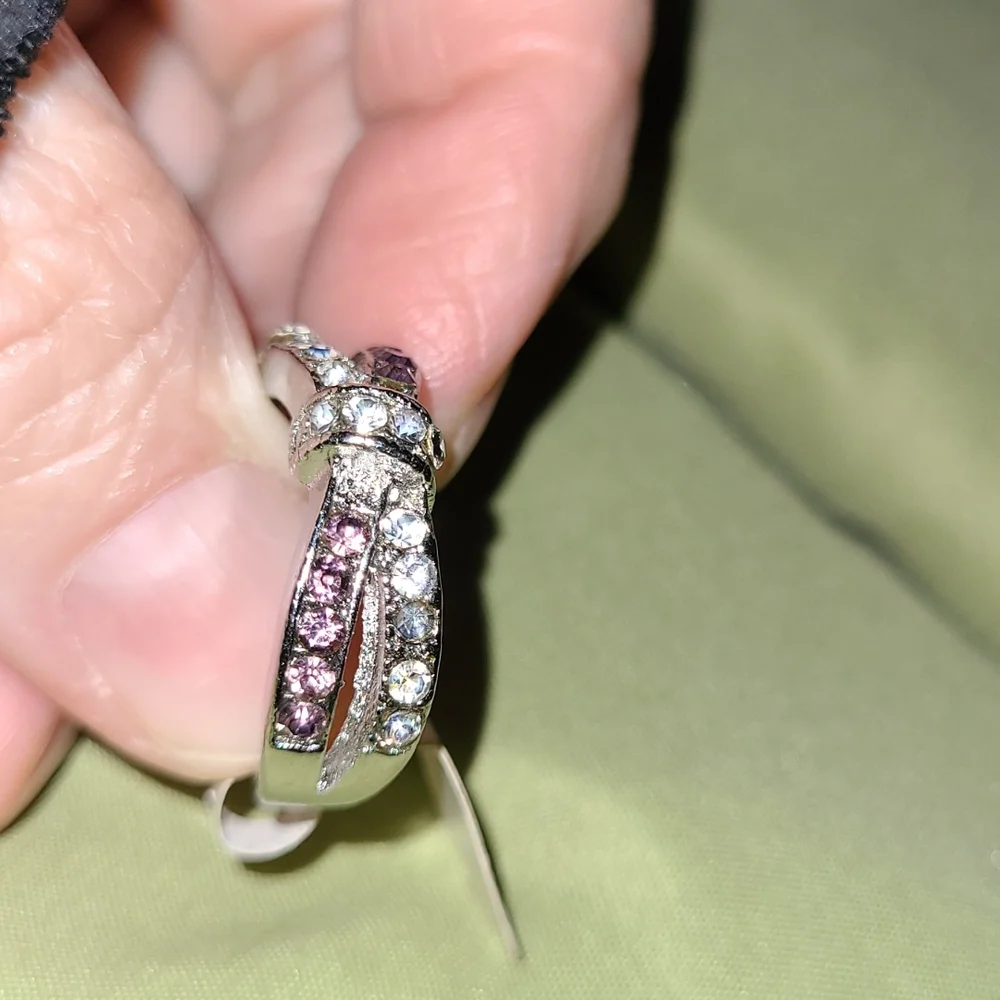 Pink & Clear Crystal Rhinestone Criss-Cross Bow Style Silver-tone Ring Size 8 - Picture 3 of 10